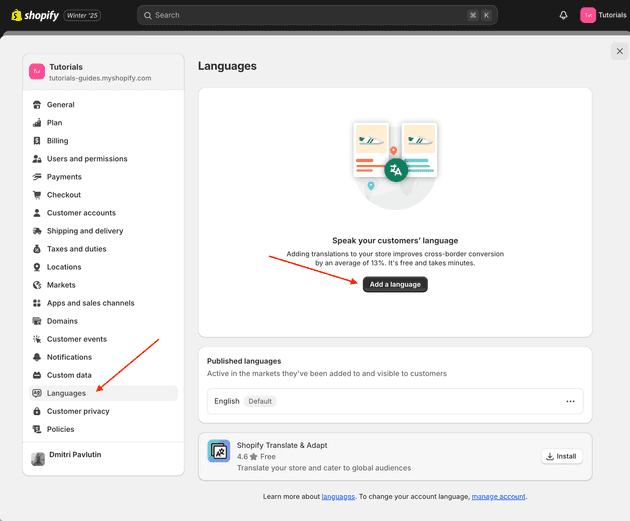 Shopify add language