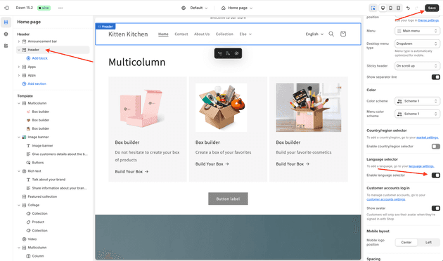 Shopify theme customization: enable language switcher in the header