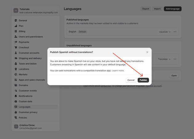 Shopify publish language