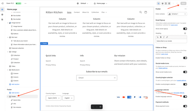 Shopify theme customization: enable language switcher in the footer
